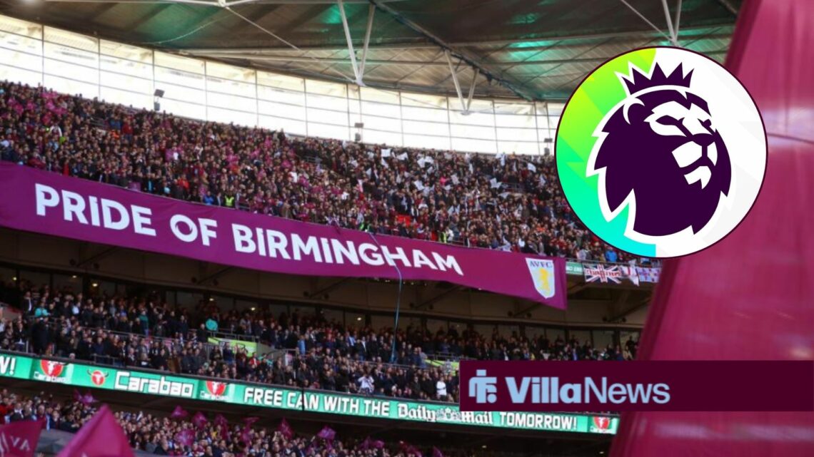 Aston Villa fans at Wembley alongside a circle inset of the Premier League logo