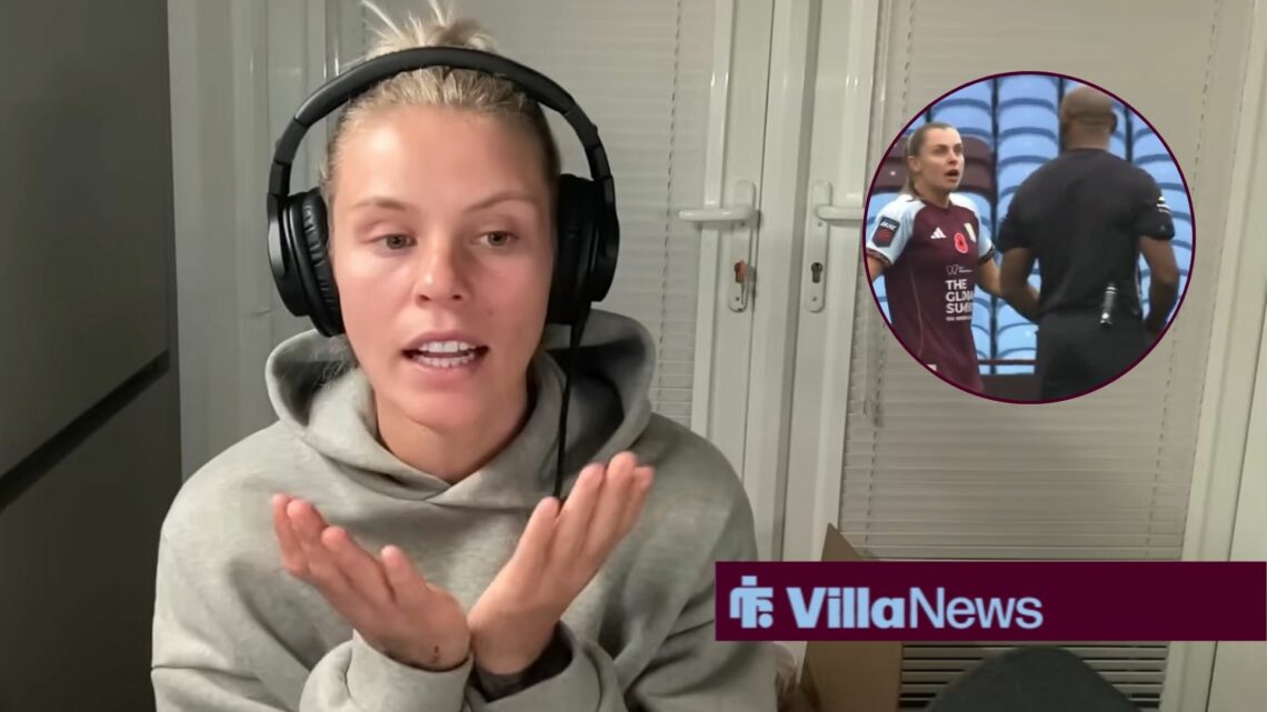 Rachel Daly looking annoyed towards a circle inset of Aston Villa Women vs London City Lionnesses