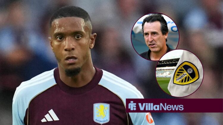 Ezri Konsa playing for Aston Villa looking towards circle insets of Unai Emery and a Leeds United flag at Elland Road