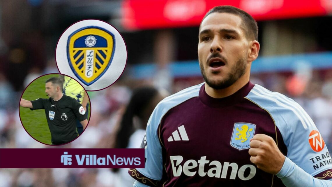 Emi Buendia celebrating for Aston Villa looking towards circle insets of the Leeds United badge and Michael Oliver refereeing Aston Villa vs Leeds ...