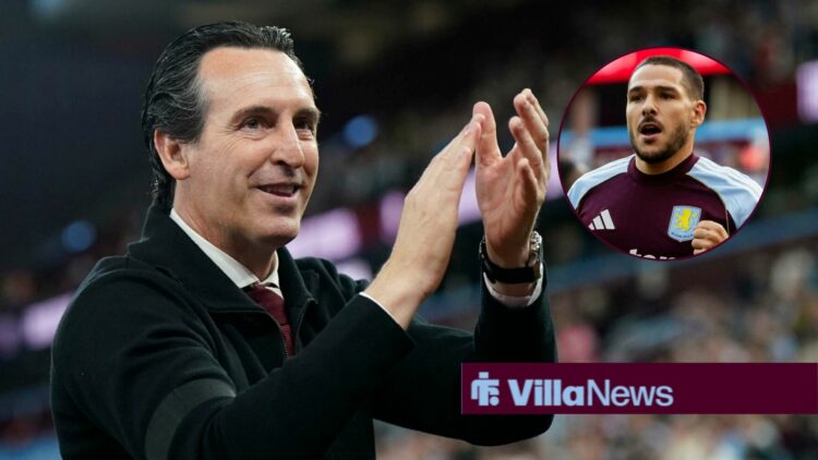 Unai Emery alongside a circle inset of Emi Buendia.