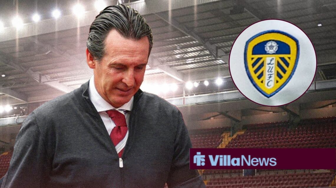 Unai Emery looking annoyed at Villa Park next to a circle inset of a Leeds United badge