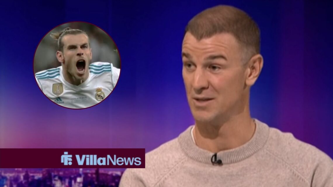 Joe Hart speaking on Match of the Day looking towards a circle inset of Gareth Bale celebrating for Real Madrid