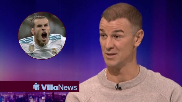 Joe Hart speaking on Match of the Day looking towards a circle inset of Gareth Bale celebrating for Real Madrid