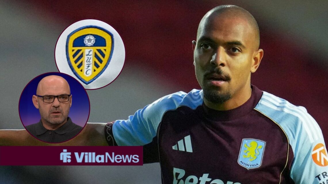 Donyell Malen playing for Aston Villa looking towards circle insets of the Leeds United badge and Danny Murphy speaking on Match of the Day