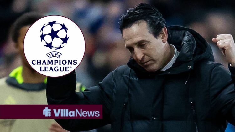 Unai Emery celebrating at Villa Park alongside a circle inset of the Champions League logo