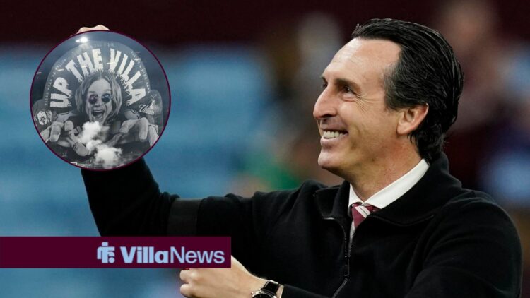 Unai Emery alongside a circle inset of an Aston Villa Tifo.