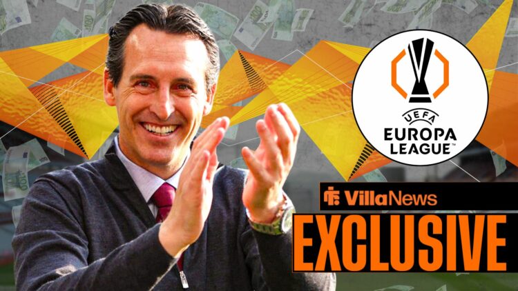 Unai Emery looking and happy towards a circle inset of the Europa League logo surrounded by money falling at Villa Park