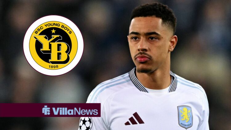 Jacob Ramsey playing for Aston Villa looking towards a circle inset of the Young Boys badge