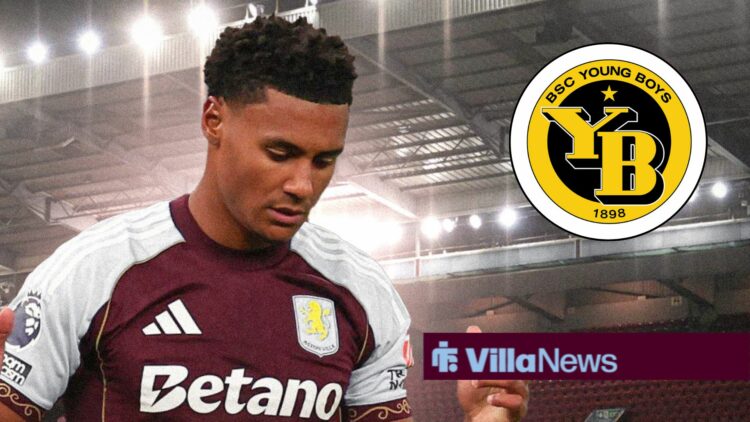 Ollie Watkins looking annoyed at Villa Park alongside a circle inset of the Young Boys badge
