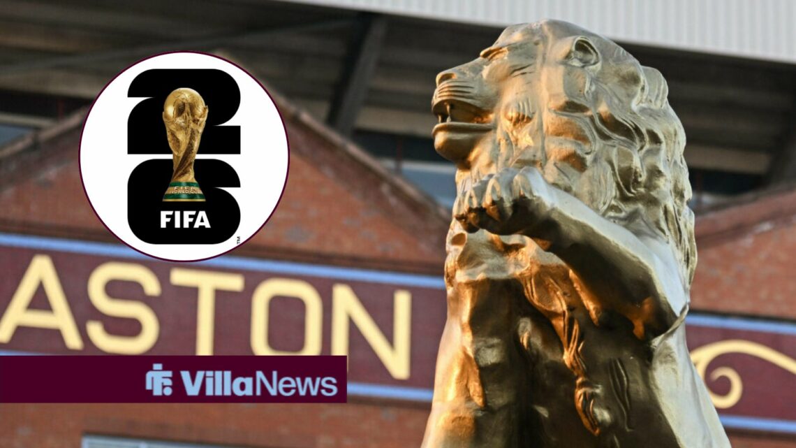 A lion statue at Villa Park looking towards a circle inset of the 2026 World Cup logo