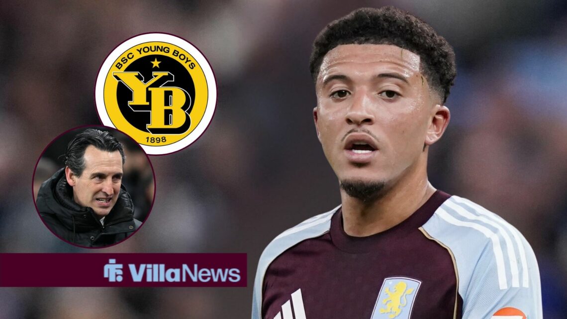 Jadon Sancho looking frustrated playing for Aston Villa looking towards a circle inset of Unai Emery looking annoyed and a circle inset of the Youn...