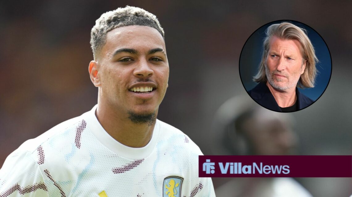 Morgan Rogers looking happy towards Robbie Savage in a circle inset