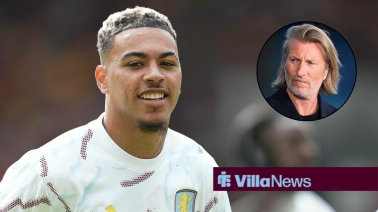 Morgan Rogers looking happy towards Robbie Savage in a circle inset