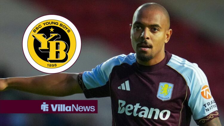 Donyell Malen playing for Aston Villa looking towards a circle inset of the Young Boys badge