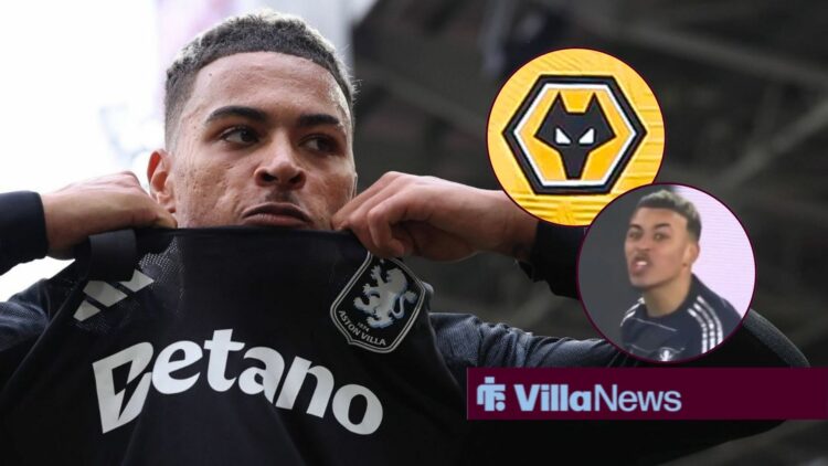 Morgan Rogers looking annoyed towards a circle inset of the Wolves badge and Morgan Rogers looking annoyed in Arsenal vs Aston Villa