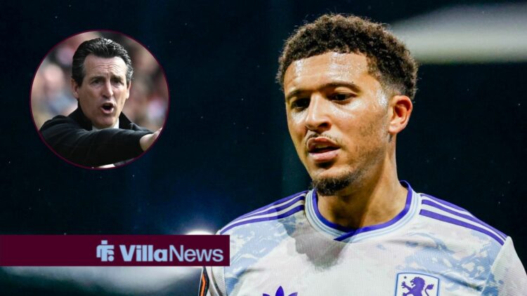 Jadon Sancho alongside a circle inset of Unai Emery.