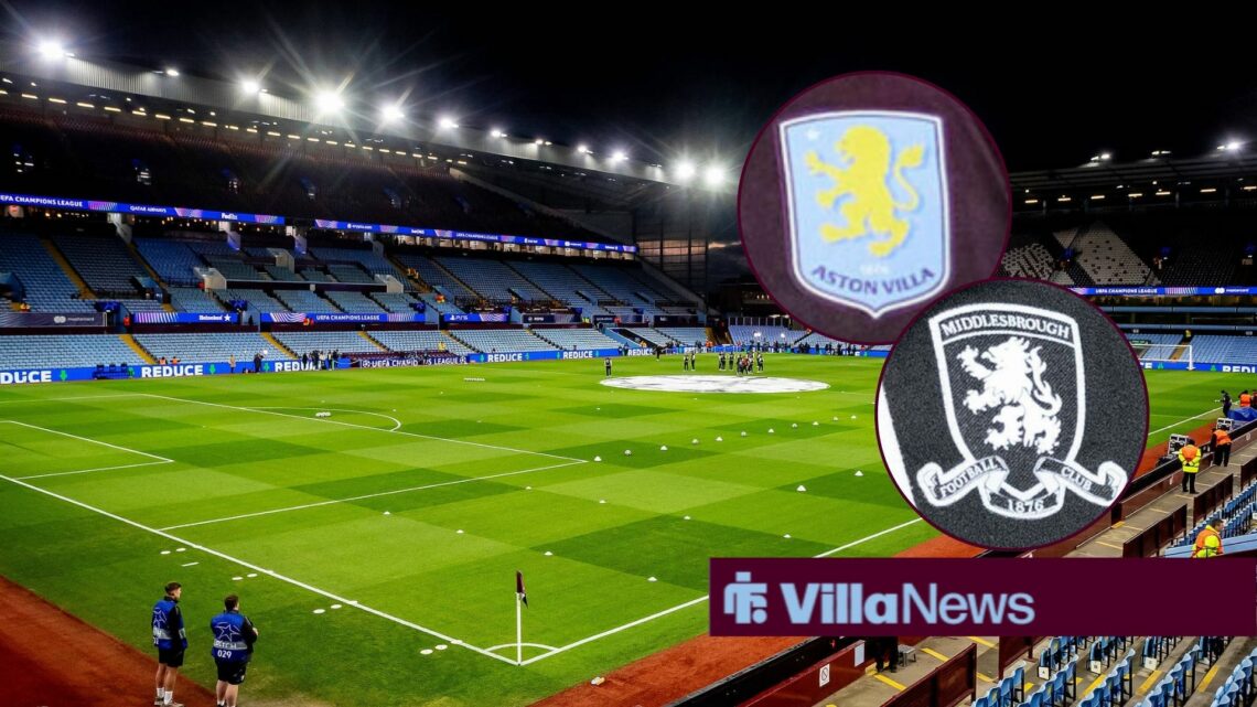 Villa Park with Aston Villa and Middlesbrough badges in circles