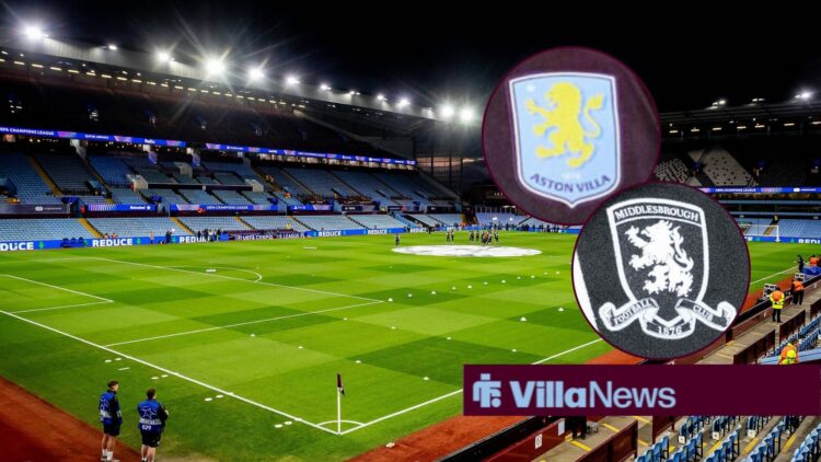 Villa Park with Aston Villa and Middlesbrough badges in circles