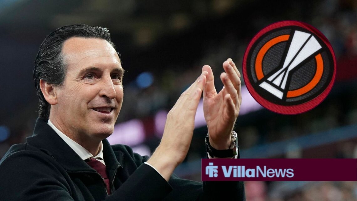 Aston Villa manager Unai Emery claps with Europa League badge inset
