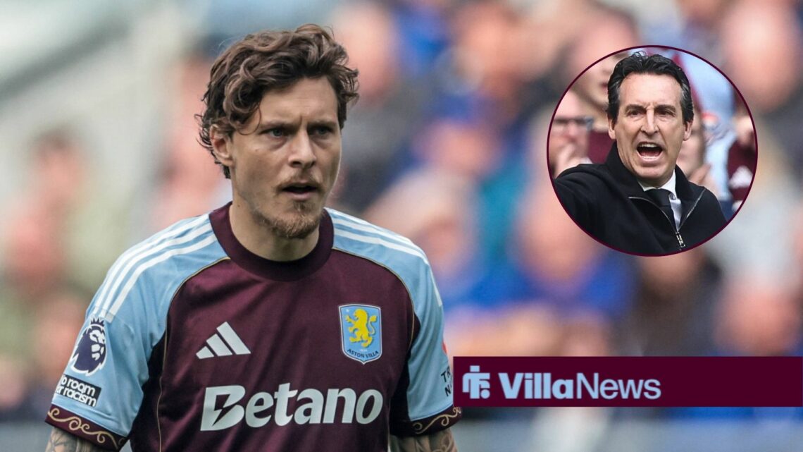 Victor Lindelof in action for Aston Villa, with Unai Emery in a circular frame alongside him