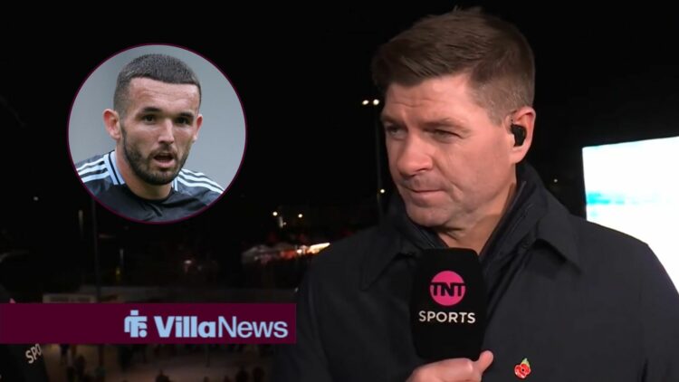 Steven Gerrard speaking live on TNT Sports looking towards John McGinn in a circle inset