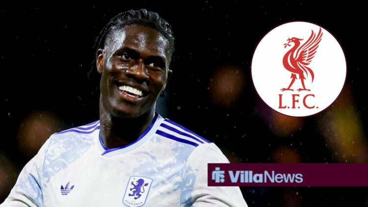Amadou Onana smiling playing for Aston Villa looking towards a Liverpool badge in a circle inset