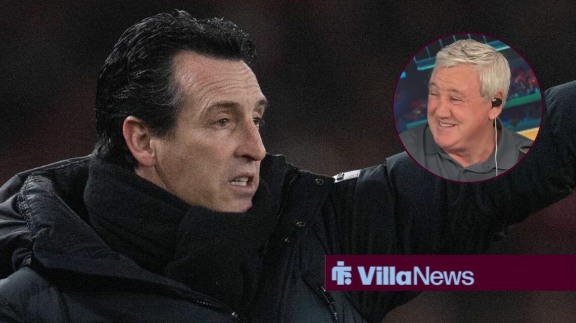 Steve Bruce in a circle inset looking and laughing at Unai Emery
