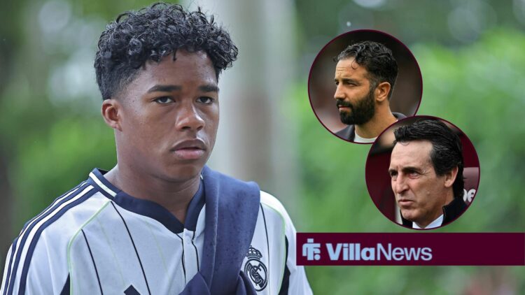 Endrick alongside two circle insets of Unai Emery and Ruben Amorim.