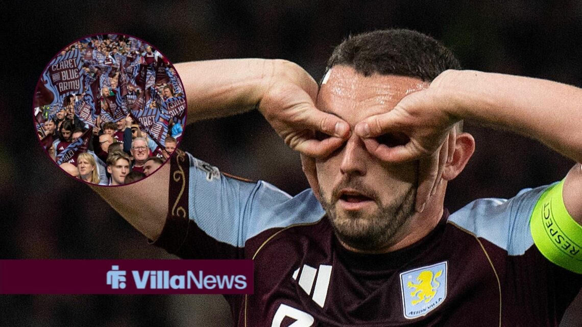 Aston Villa midfielder John McGinn celebrates with Villa fans inset