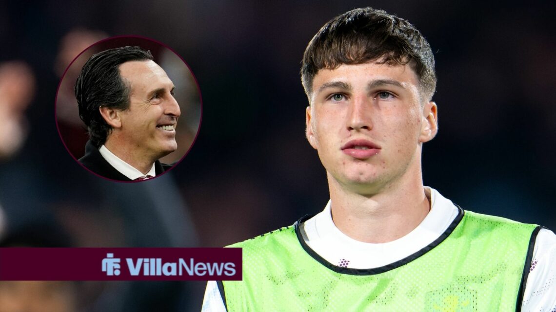 Ben Broggio wearing a bib looking towards Unai Emery smiling in a circle inset