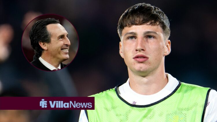 Ben Broggio wearing a bib looking towards Unai Emery smiling in a circle inset