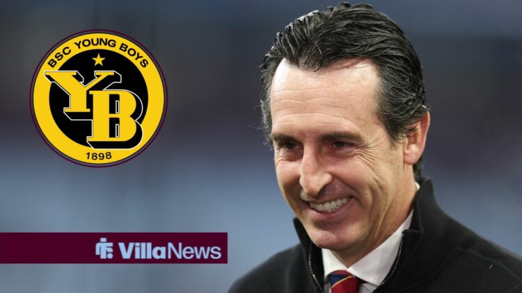 Aston Villa manager Unai Emery smiles with Young Boys badge inset