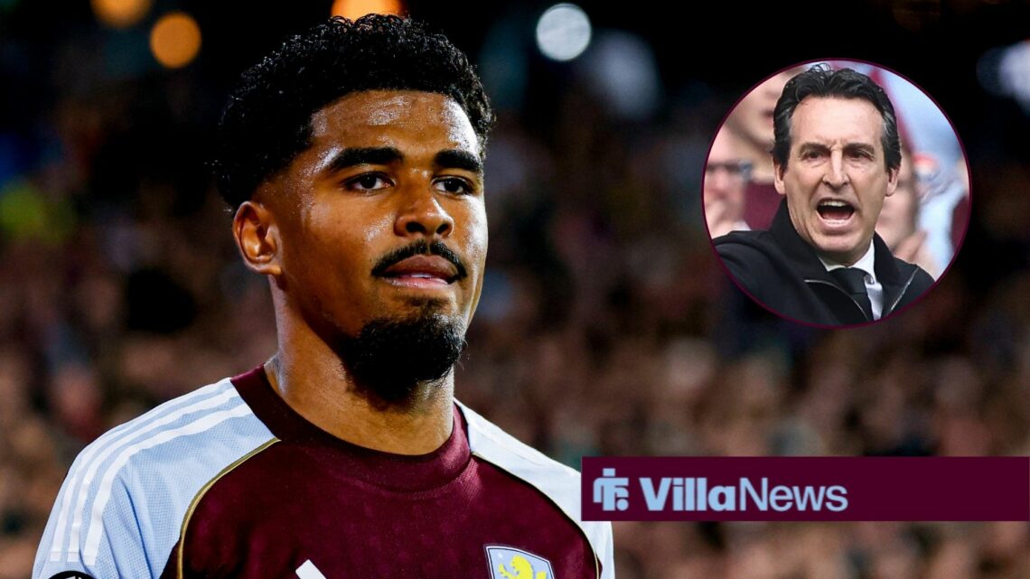 Ian Maatsen looking frustrated towards an angry Unai Emery in a circle inset