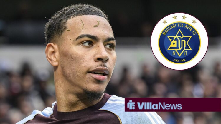 Morgan Rogers looking concentrated playing for Aston Villa looking towards a Maccabi Tel Aviv badge