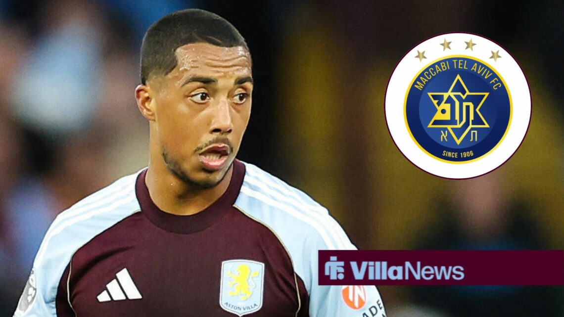 Youri Tielemans looking concentrated playing for Aston Villa looking towards a Maccabi Tel Aviv badge