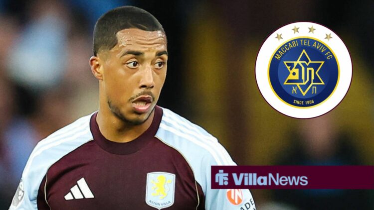 Youri Tielemans looking concentrated playing for Aston Villa looking towards a Maccabi Tel Aviv badge