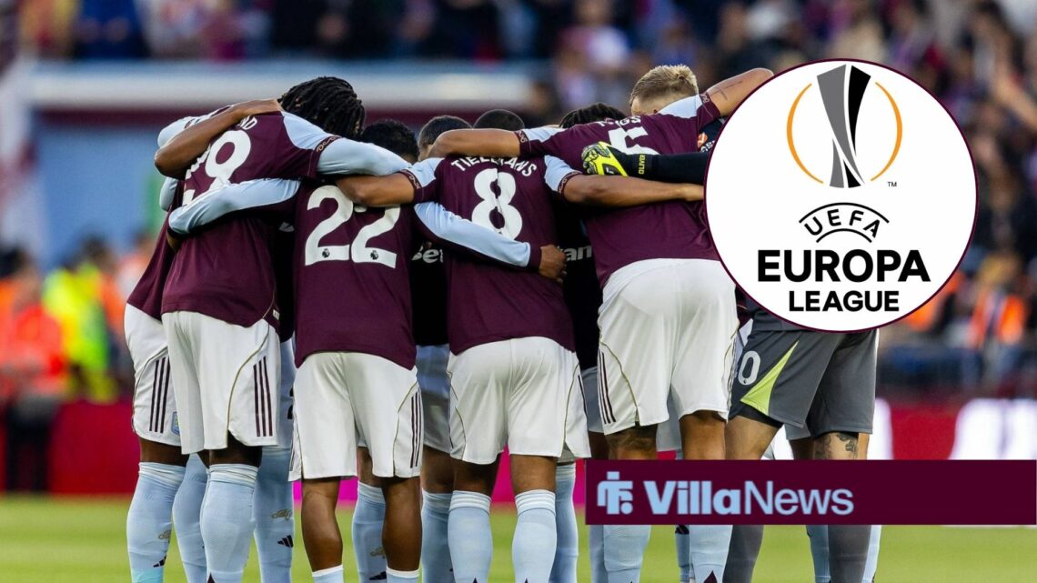 Aston Villa players huddle with Europa League logo inset