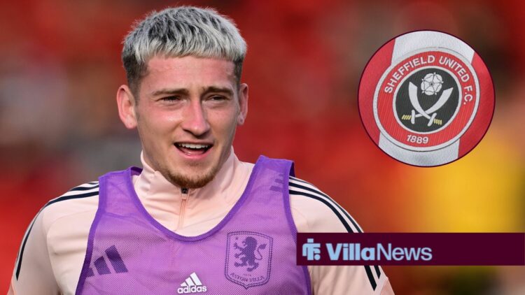 Louie Barry looking happy in Aston Villa training looking towards a Sheffield United badge in a circle inset