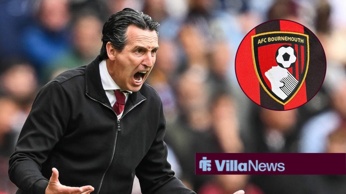 Aston Villa manager Unai Emery shouts with Bournemouth badge inset