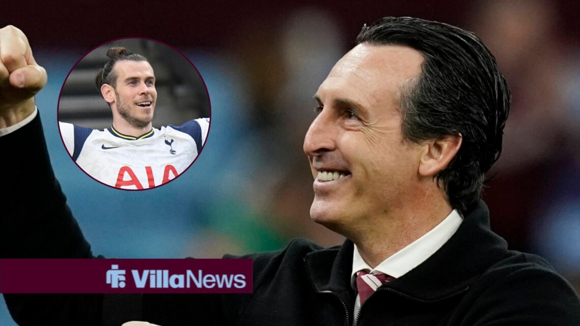 Unai Emery smiling and celebrating towards a circle inset of Gareth Bale