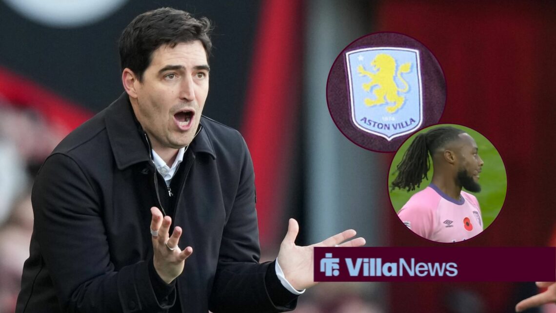Andoni Iraola looking annoyed towards circle insets of the Aston Villa badge and Antoine Semenyo looking sad