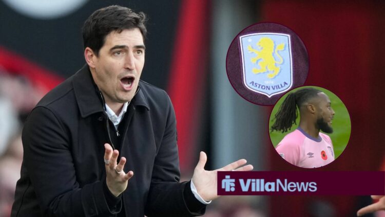 Andoni Iraola looking annoyed towards circle insets of the Aston Villa badge and Antoine Semenyo looking sad