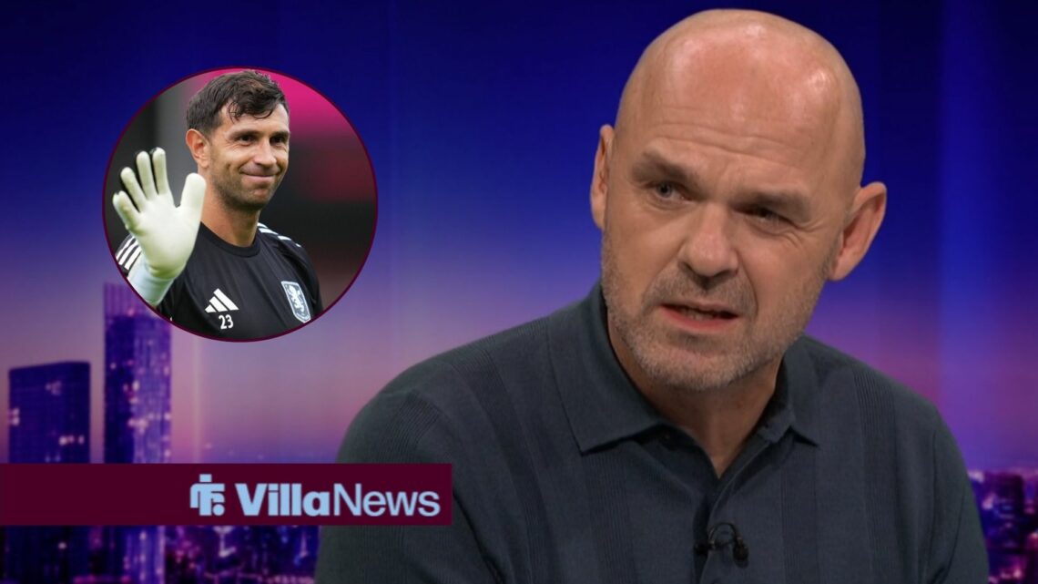 Danny Murphy speaking on Match of the Day looking towards Emi Martinez smiling and waving in a circle inset