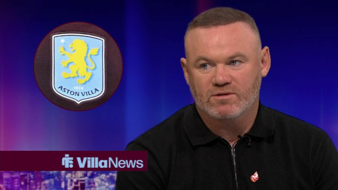 Wayne Rooney speaking on Match of the Day looking towards a circle inset of the Aston Villa badge