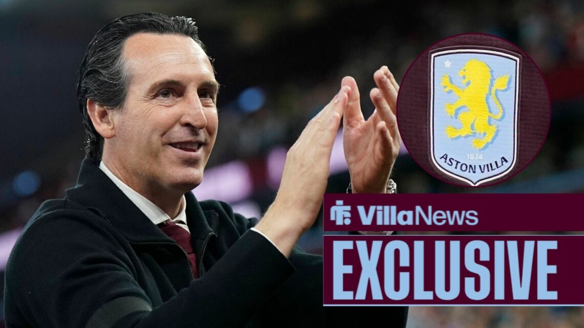 Unai Emery clapping with Aston Villa badge in circle
