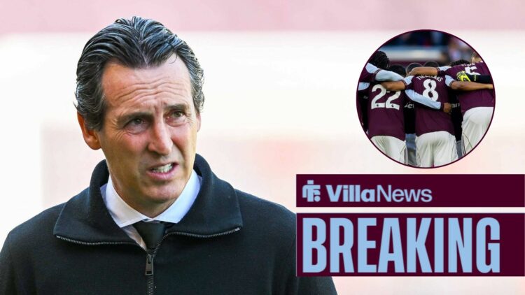 Aston Villa manager Unai Emery with Aston Villa players huddle inset