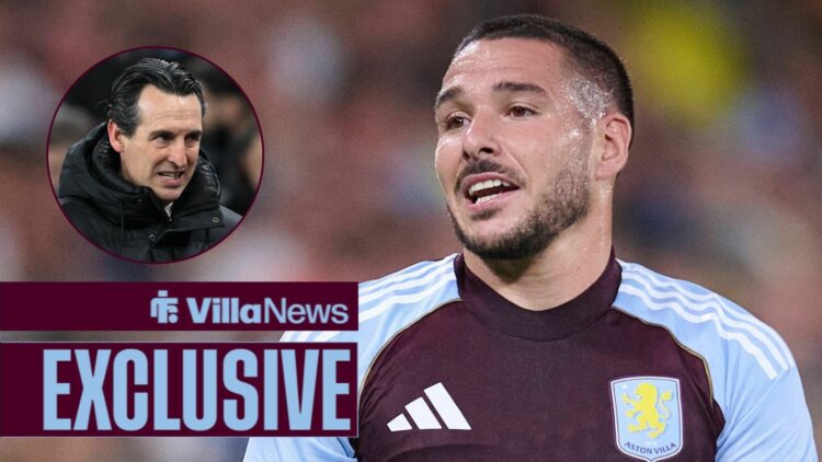 Emi Buendia looking frustrated playing for Aston Villa looking towards a circle inset of an annoyed Unai Emery