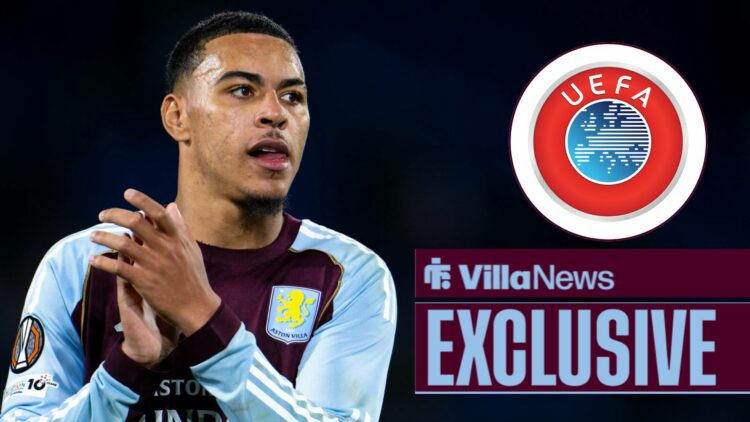 Morgan Rogers clapping in an Aston Villa shirt looking towards the UEFA logo in a circle inset