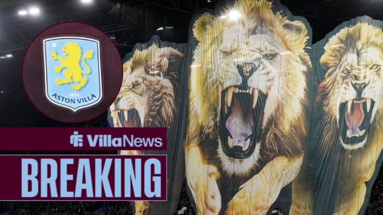 Aston Villa lion tifo at Villa Park alongside a circle inset of the Aston Villa badge
